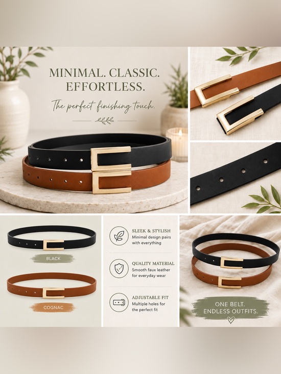 Accessories - Set of Two Black & Cognac Gold Buckle Skinny Faux Leather Belts